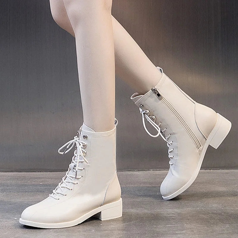 FHC NEW Women Short Boots,Soft PU Leather Casual Shoes,Ankle Botas,Thick Heel,Side Zip,Front Lace,Round toe,BLACK,BEIGE,Dropship