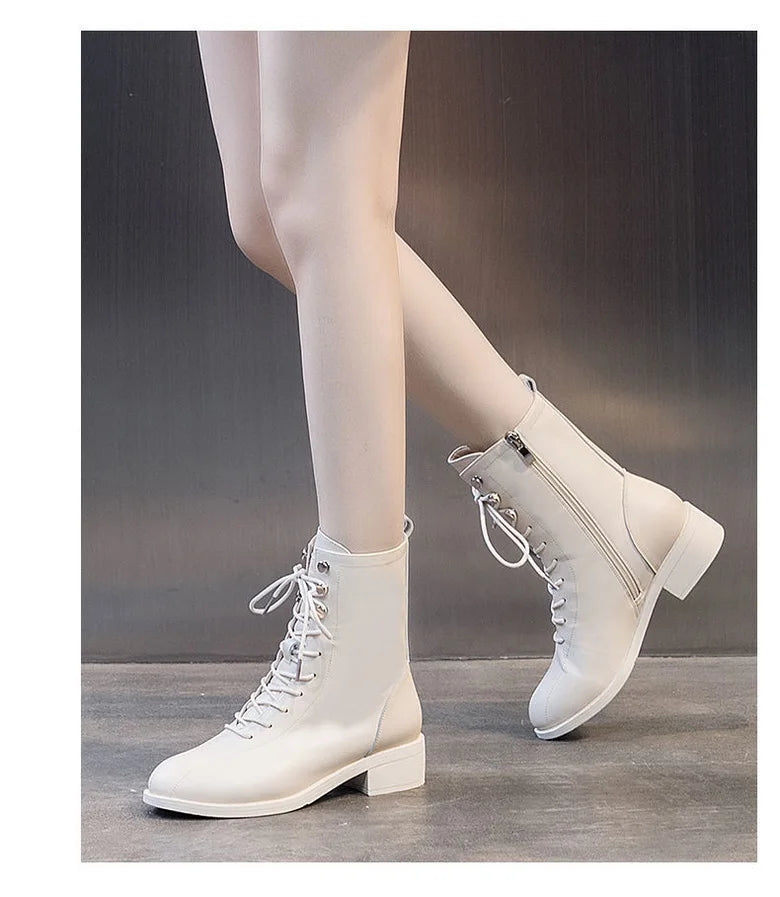 FHC NEW Women Short Boots,Soft PU Leather Casual Shoes,Ankle Botas,Thick Heel,Side Zip,Front Lace,Round toe,BLACK,BEIGE,Dropship