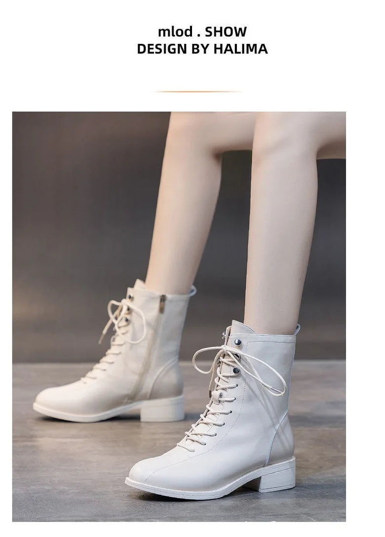 FHC NEW Women Short Boots,Soft PU Leather Casual Shoes,Ankle Botas,Thick Heel,Side Zip,Front Lace,Round toe,BLACK,BEIGE,Dropship