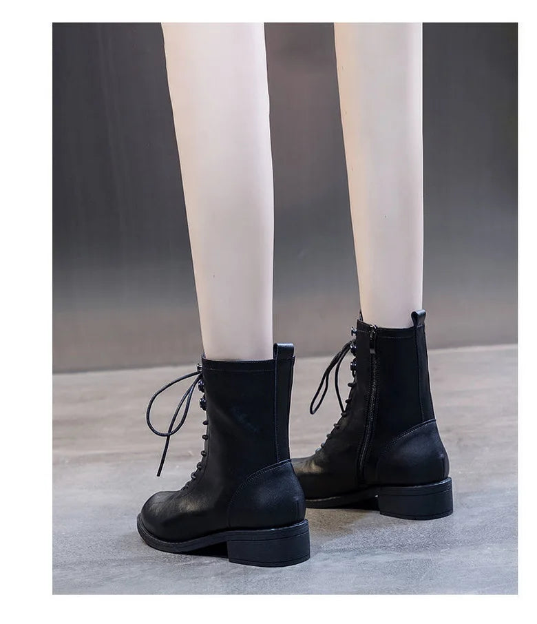 FHC NEW Women Short Boots,Soft PU Leather Casual Shoes,Ankle Botas,Thick Heel,Side Zip,Front Lace,Round toe,BLACK,BEIGE,Dropship