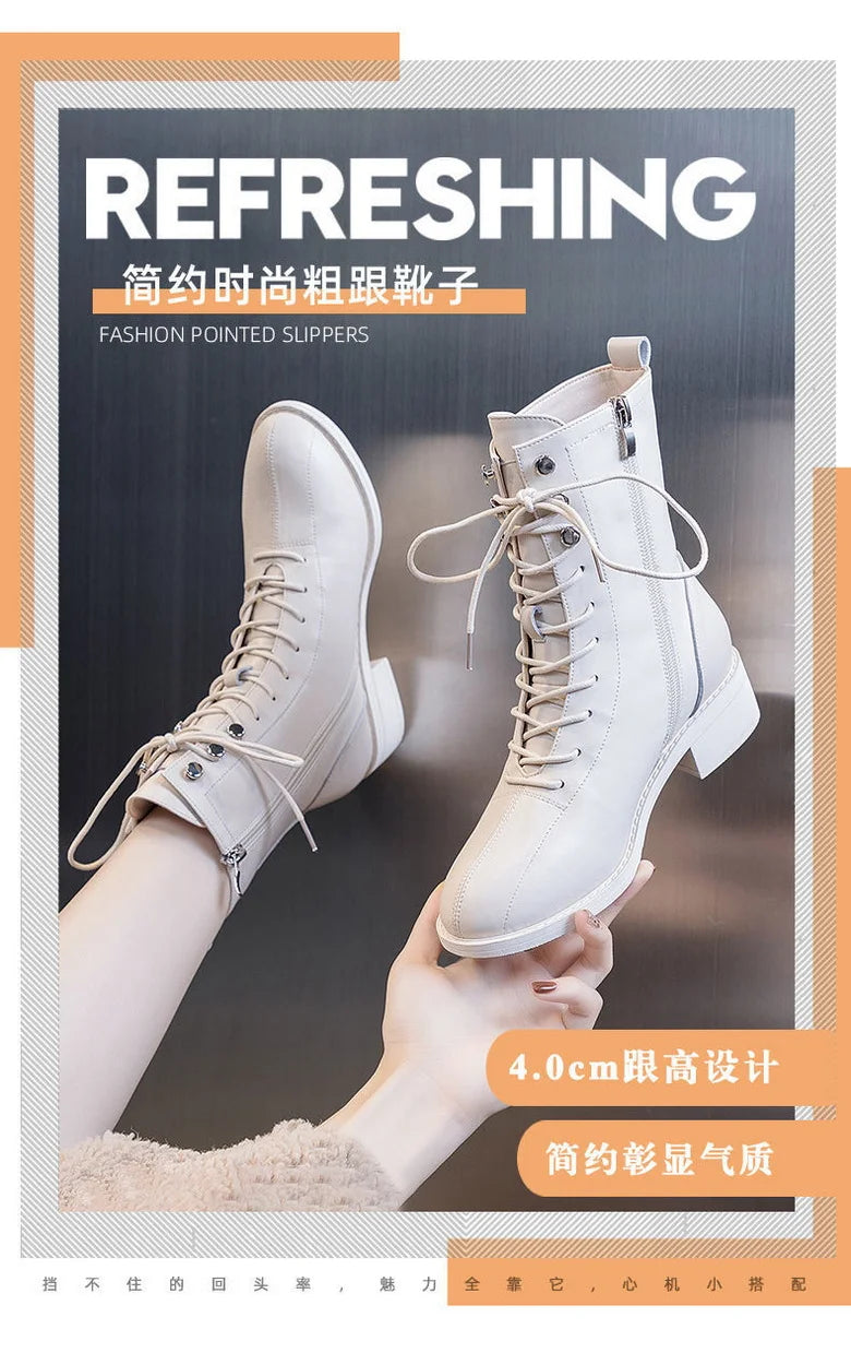 FHC NEW Women Short Boots,Soft PU Leather Casual Shoes,Ankle Botas,Thick Heel,Side Zip,Front Lace,Round toe,BLACK,BEIGE,Dropship