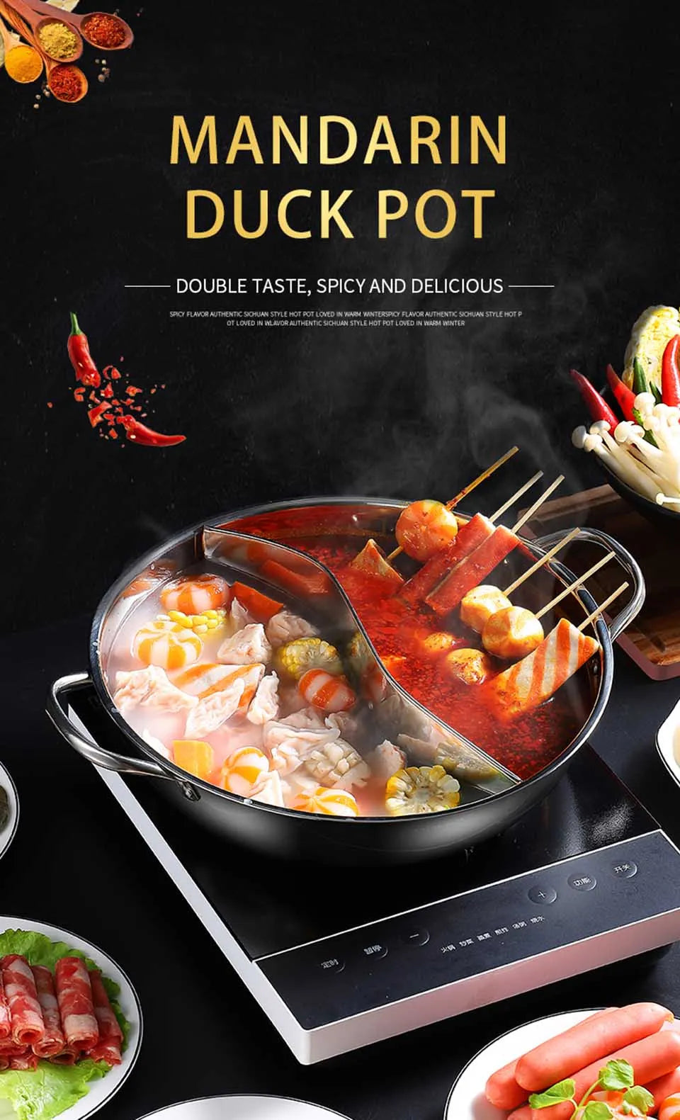 BOZZH Chinese Hot Pot With Interval Stainless Steel Pot Double-Flavor Cooking Tools Kitchen Induction Cooker Pot Cookware