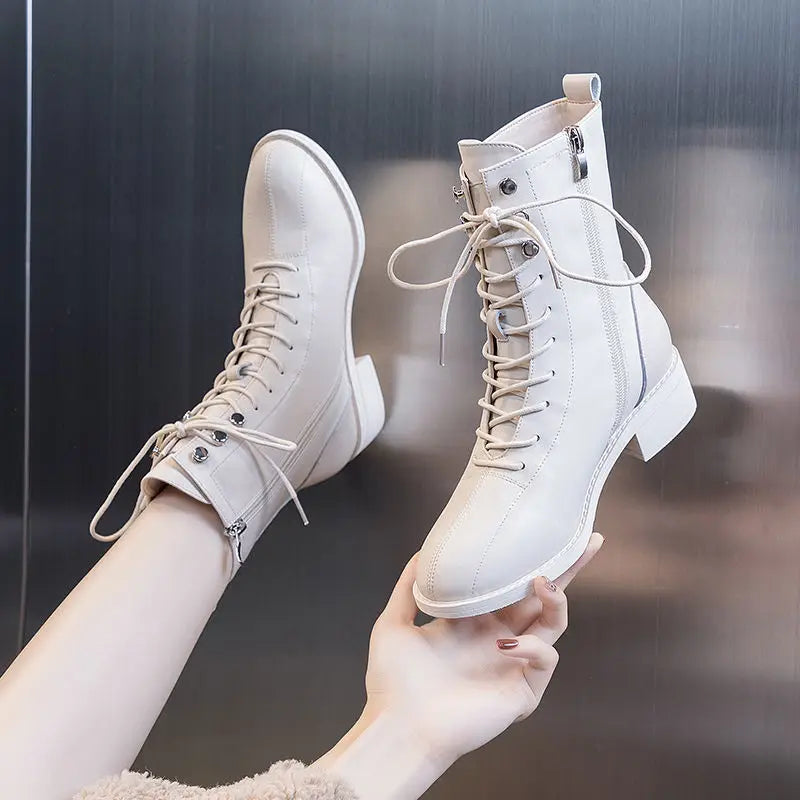 FHC NEW Women Short Boots,Soft PU Leather Casual Shoes,Ankle Botas,Thick Heel,Side Zip,Front Lace,Round toe,BLACK,BEIGE,Dropship