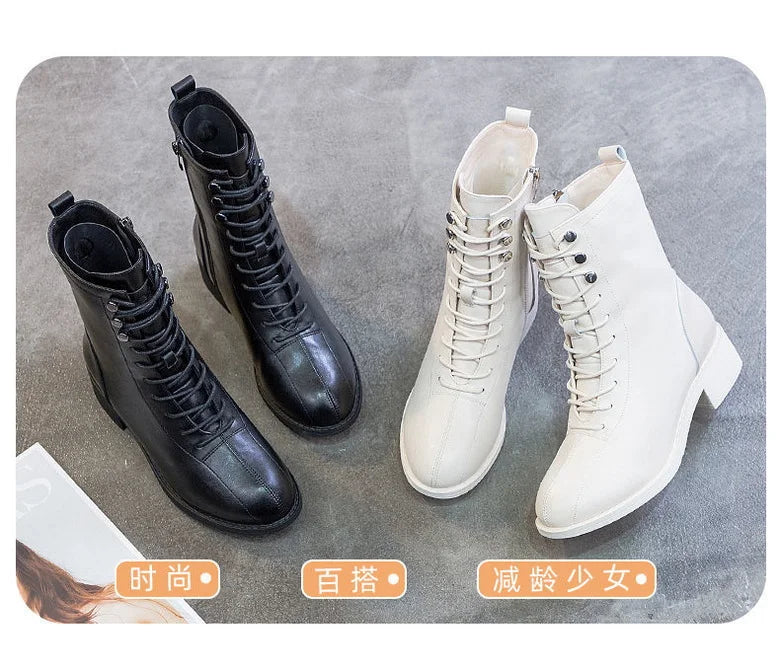 FHC NEW Women Short Boots,Soft PU Leather Casual Shoes,Ankle Botas,Thick Heel,Side Zip,Front Lace,Round toe,BLACK,BEIGE,Dropship