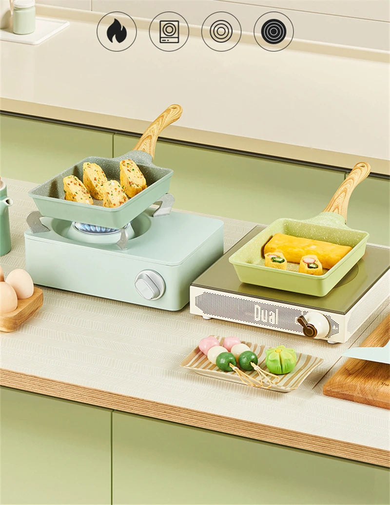 Tamagoyaki Non-Stick Frying Pan Omelette Egg Pancake Breakfast Pan Wooden Handle Wave Saucepan Kitchen Cooking Pots Cookware