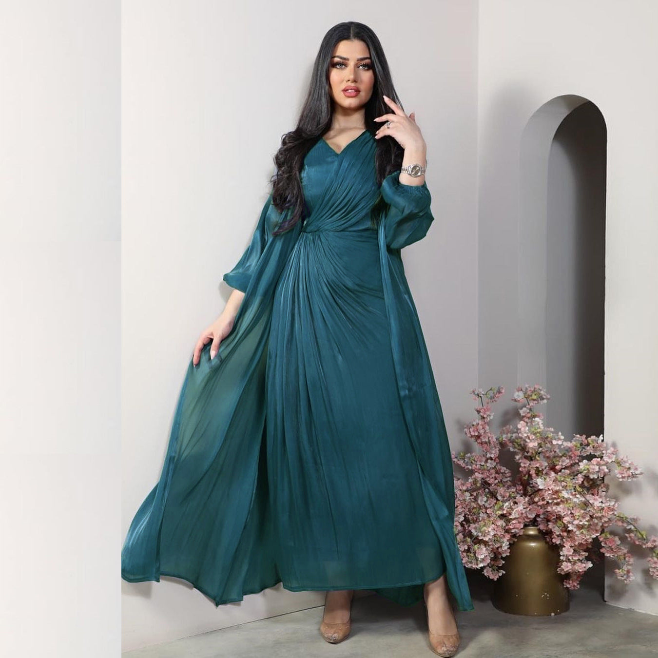 Morocco Party Dress Women Abaya 2 Piece Set Silky Satin Dubai Muslim Dresses Eid Caftan Evening Long Robe Vestidos Abayas Robe