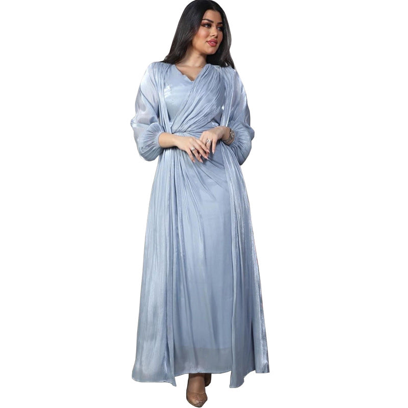 Morocco Party Dress Women Abaya 2 Piece Set Silky Satin Dubai Muslim Dresses Eid Caftan Evening Long Robe Vestidos Abayas Robe