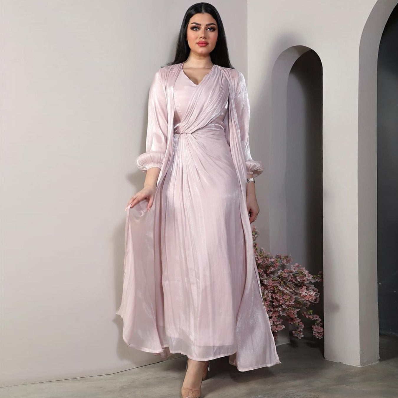 Morocco Party Dress Women Abaya 2 Piece Set Silky Satin Dubai Muslim Dresses Eid Caftan Evening Long Robe Vestidos Abayas Robe