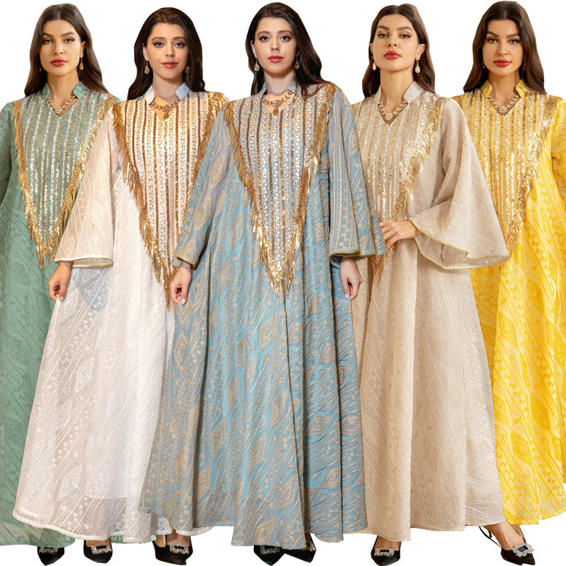 Morocco Party Dress for Women Muslim Abaya Mesh Sequins Jalabiya Dubai Abayas Kaftan Abaya Islam Vestidos Arab Long Robe Autumn