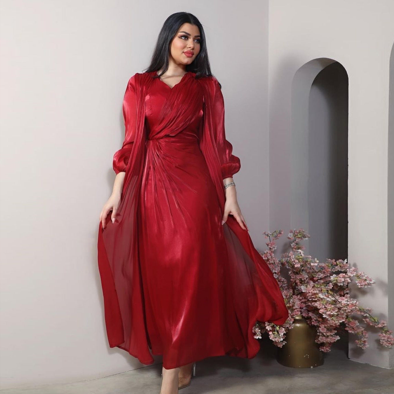 Morocco Party Dress Women Abaya 2 Piece Set Silky Satin Dubai Muslim Dresses Eid Caftan Evening Long Robe Vestidos Abayas Robe