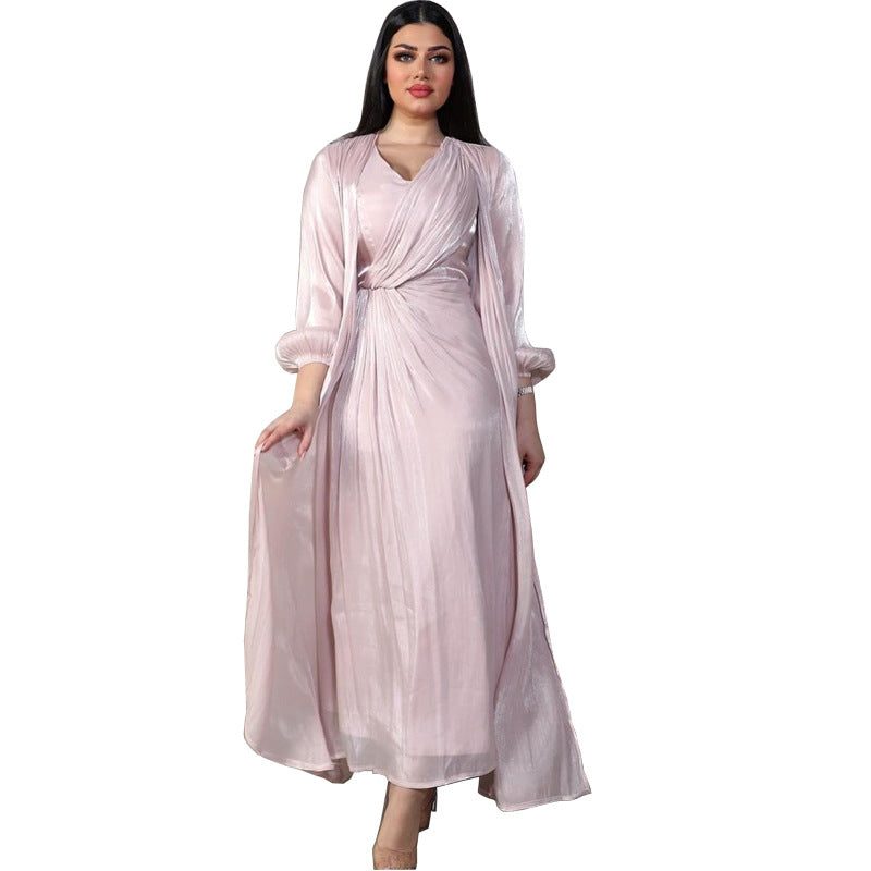 Morocco Party Dress Women Abaya 2 Piece Set Silky Satin Dubai Muslim Dresses Eid Caftan Evening Long Robe Vestidos Abayas Robe