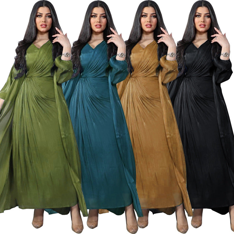 Morocco Party Dress Women Abaya 2 Piece Set Silky Satin Dubai Muslim Dresses Eid Caftan Evening Long Robe Vestidos Abayas Robe