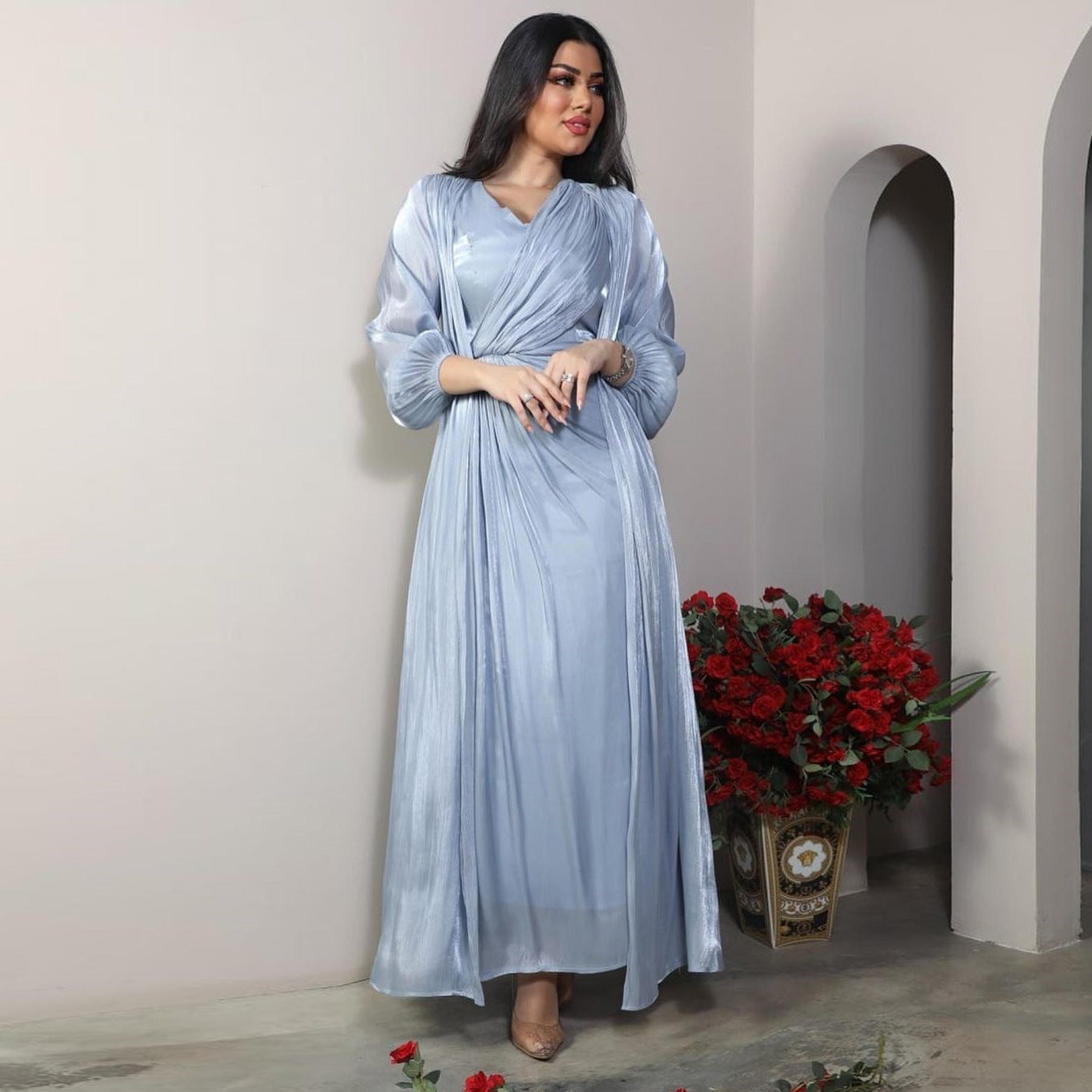 Morocco Party Dress Women Abaya 2 Piece Set Silky Satin Dubai Muslim Dresses Eid Caftan Evening Long Robe Vestidos Abayas Robe