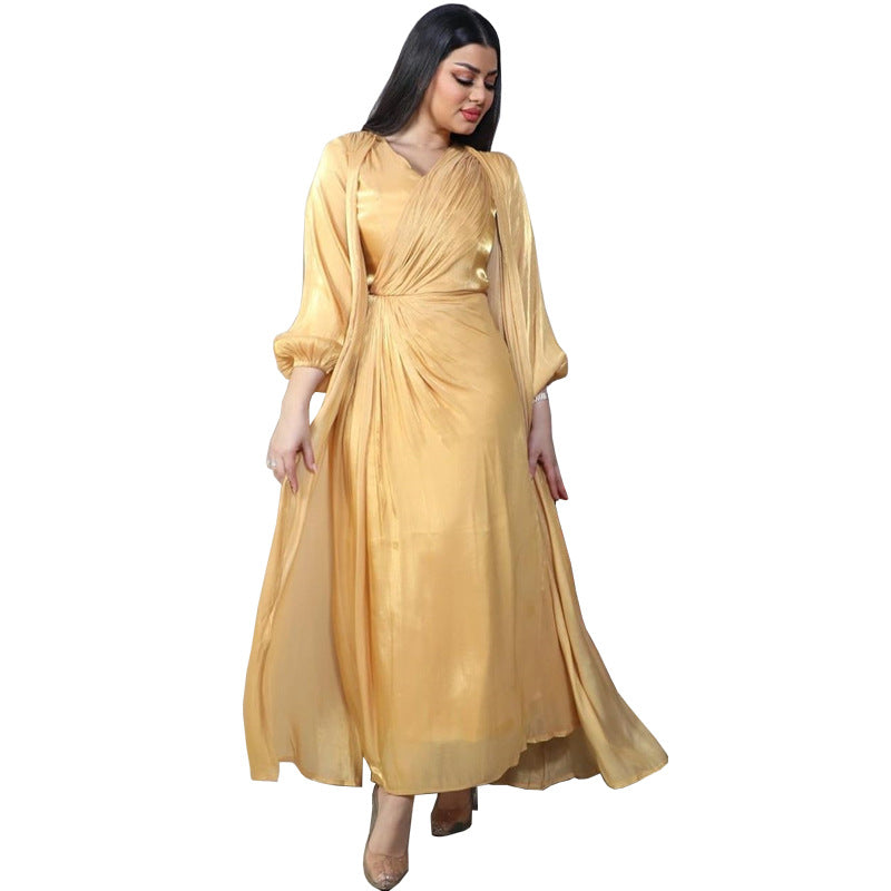 Morocco Party Dress Women Abaya 2 Piece Set Silky Satin Dubai Muslim Dresses Eid Caftan Evening Long Robe Vestidos Abayas Robe