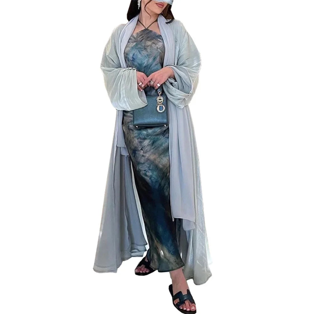 Siskakia Muslim Fashion Dubai Women Shiny Satin Open Kimono Abaya Saudi Moroccan Kaftan Elegant Party Clothing Turkish Arab Robe