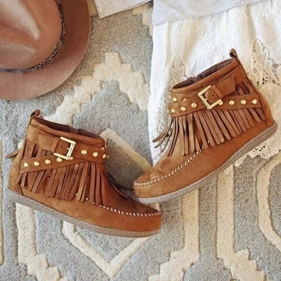 Vintage Women Boots Suede Ankle Boots Fringe Women Shoes Winter Boots Women Side Zipper Casual Shoes Round Toe Ladies Snow Boot