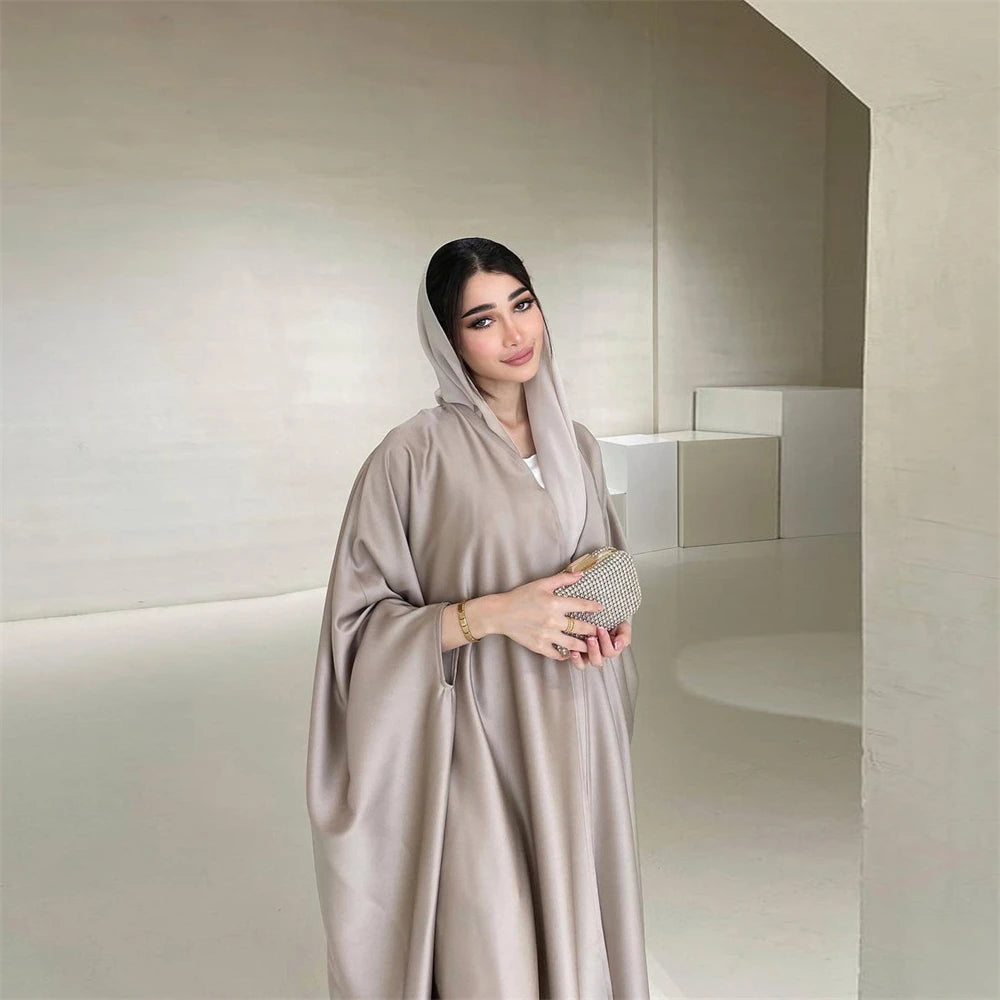 Open Abaya Silk Satin Muslim Women Bat Sleeve Maxi Dress Cardigan Kimono Turkey Dubai Kaftan Arab Robe Islam Morocco Abayas Gown