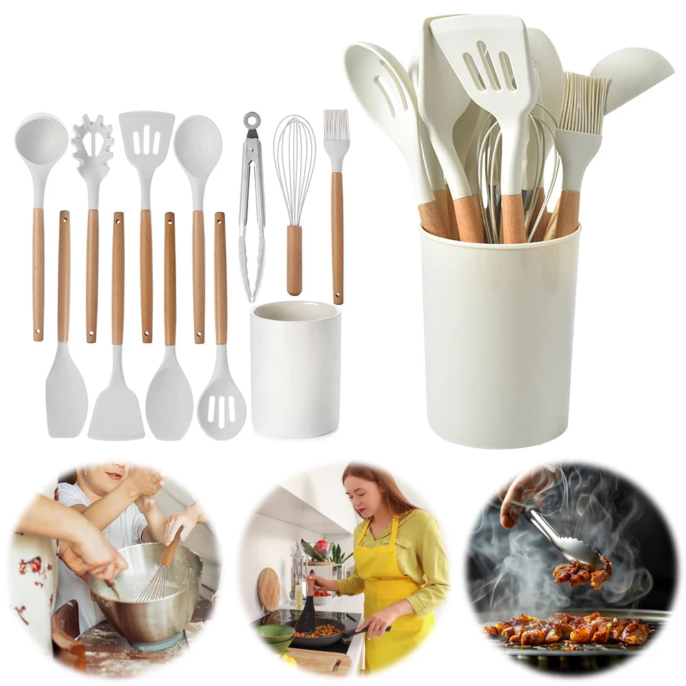 12Pcs Kitchen Utensil Set Heat-Resistant Cookware Wooden Handle Non-Stick Spatula Set Spatula Spoon Brush Whisk for Kitchen