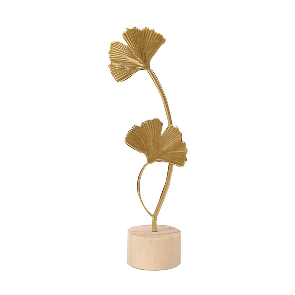 Golden Ginkgo Leaf Miniature Figurines Wooden Statue For Living Room Table Office Home Decoration Accessories Nordic Ornament