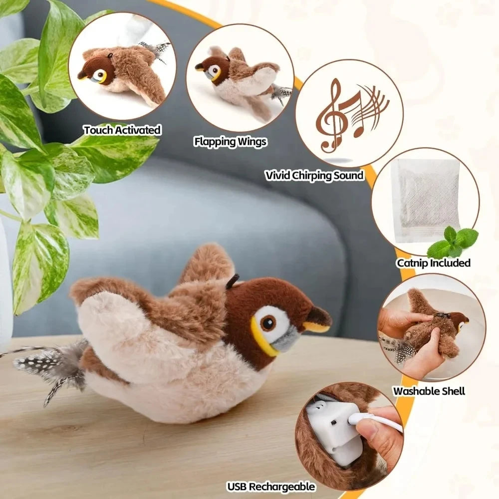 Interactive Cat Toys Rechargeable Chirping Flapping Bird with Catnip Indoor Dogs Cats Touch Activated Squeak Plush Toy for Pet