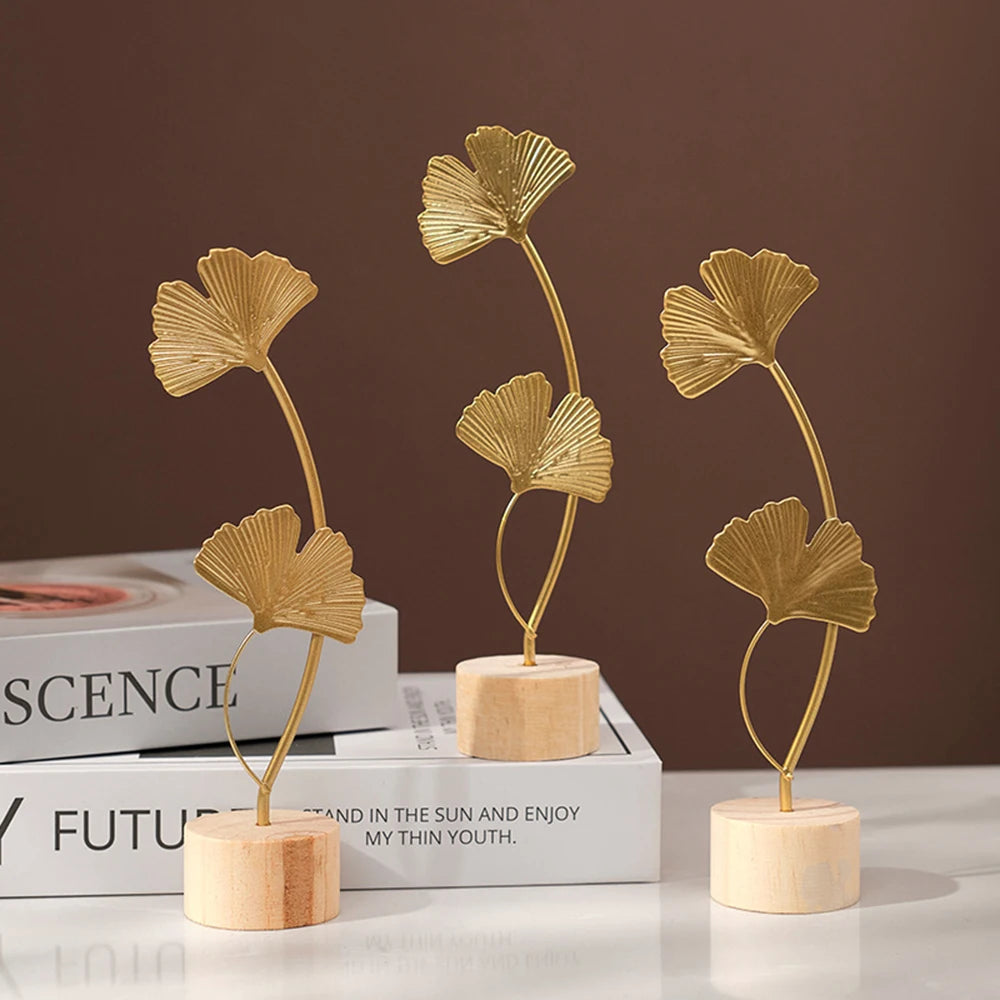 Golden Ginkgo Leaf Miniature Figurines Wooden Statue For Living Room Table Office Home Decoration Accessories Nordic Ornament