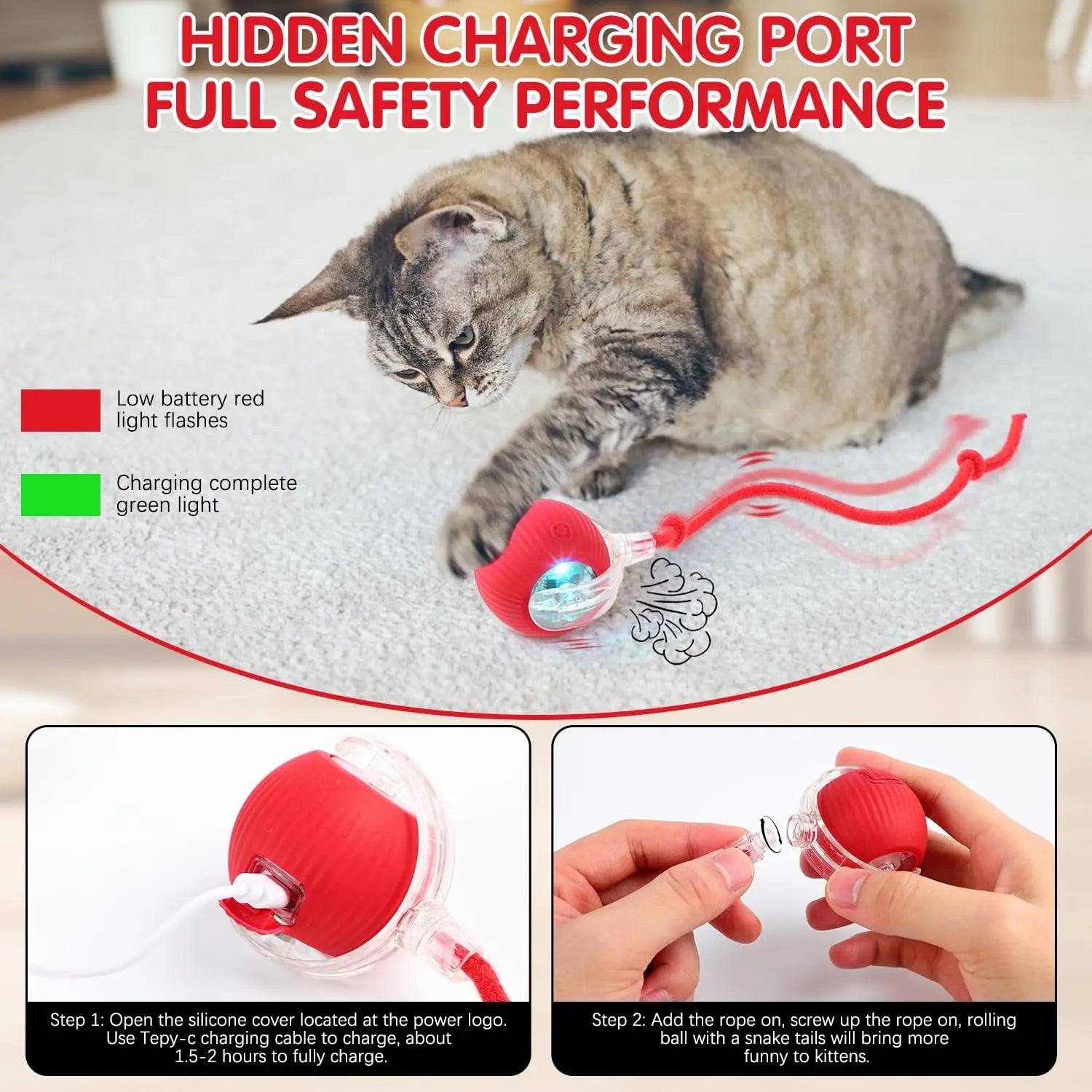 Cat Interactive Ball Toy Automatic Electric Rolling Ball Faux Tail Rechargeable Smart Pet Teaser Toy Cat Training Imitate Mouse