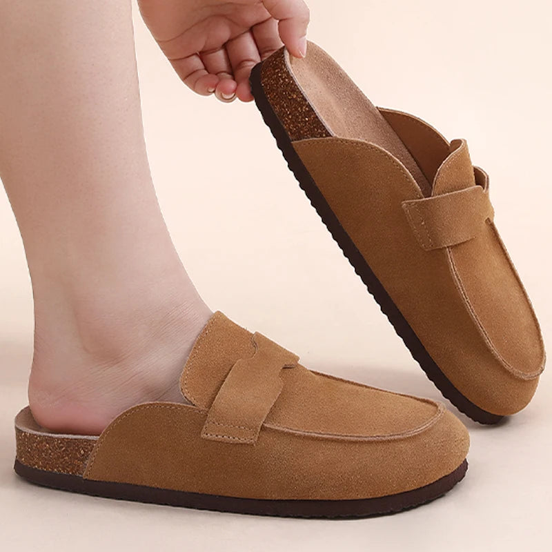 Comwarm Fashion Clogs Slippers Women Cow Suede Cork Slippers Classic Cork House Slippers With Arch Support Outdoor Beach Shoes