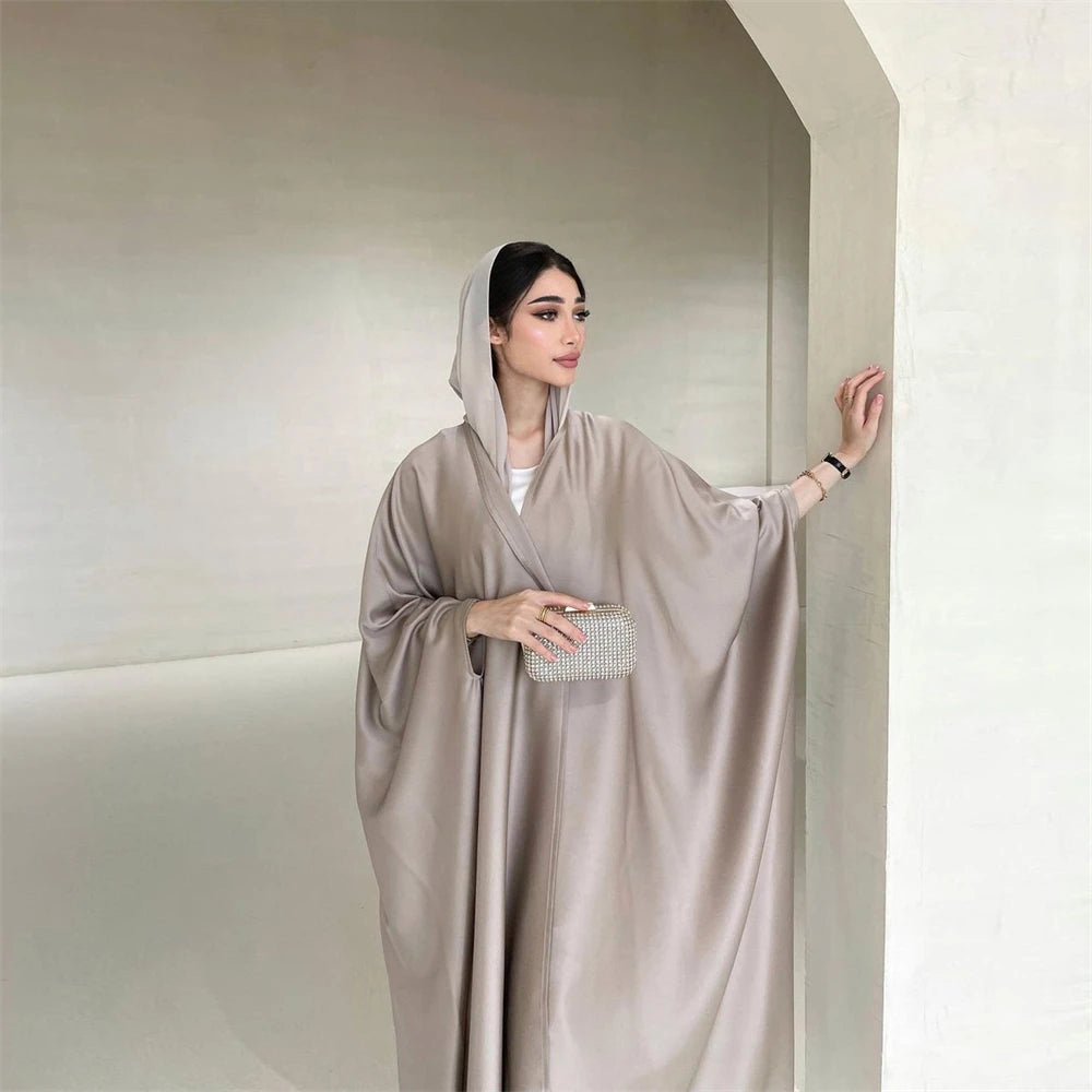 Open Abaya Silk Satin Muslim Women Bat Sleeve Maxi Dress Cardigan Kimono Turkey Dubai Kaftan Arab Robe Islam Morocco Abayas Gown