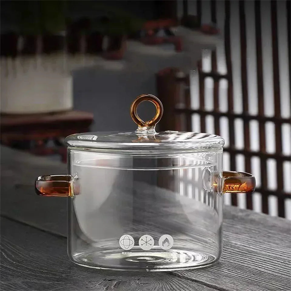 Glass Cooking Pot Transparent Kitchen Furniture Pot Heat Resistant Soup Stock Pots Binaural Handle Noodle Bowl Kitchen Cookware