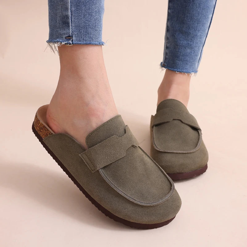 Comwarm Fashion Clogs Slippers Women Cow Suede Cork Slippers Classic Cork House Slippers With Arch Support Outdoor Beach Shoes