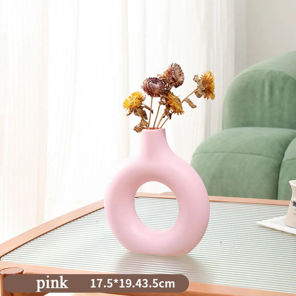 1Pcs Plastic Flat Minimalist Vase Wedding Decoration Donut Shape Flower Vase Oval Hollow Black Vases Fashion Home Living Room