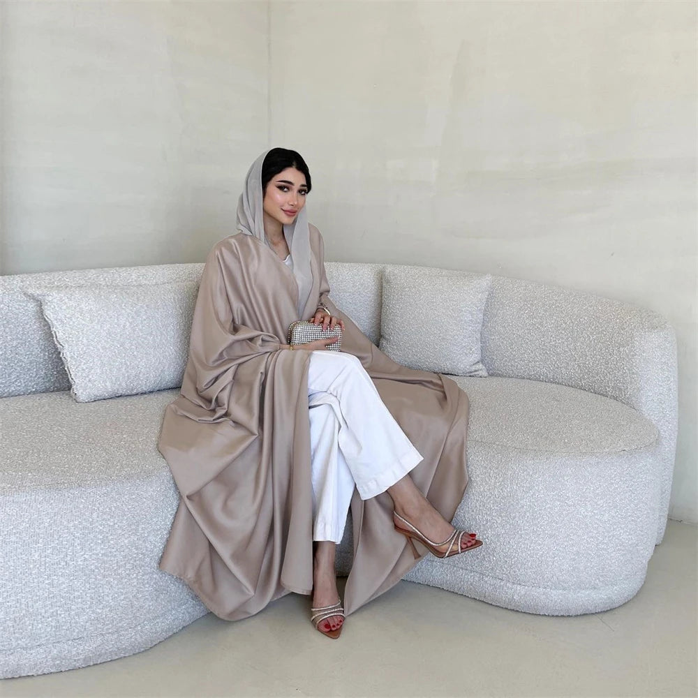 Open Abaya Silk Satin Muslim Women Bat Sleeve Maxi Dress Cardigan Kimono Turkey Dubai Kaftan Arab Robe Islam Morocco Abayas Gown