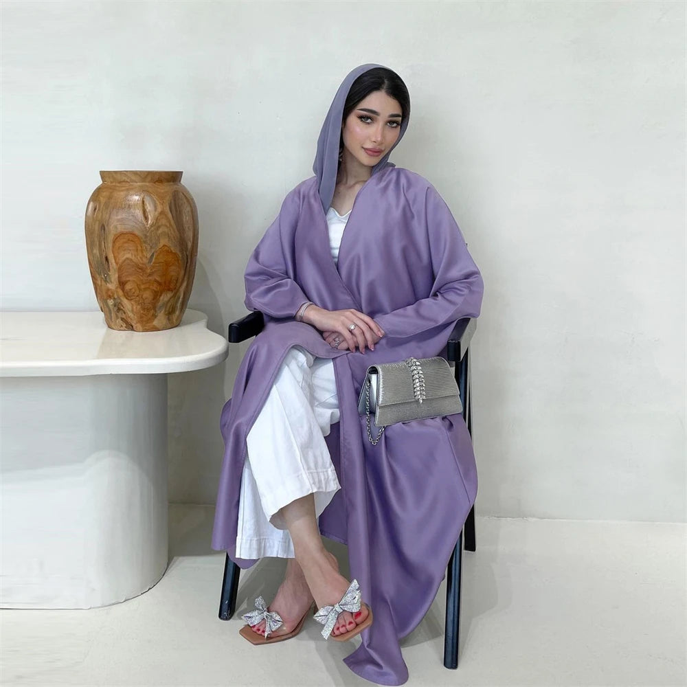 Open Abaya Silk Satin Muslim Women Bat Sleeve Maxi Dress Cardigan Kimono Turkey Dubai Kaftan Arab Robe Islam Morocco Abayas Gown