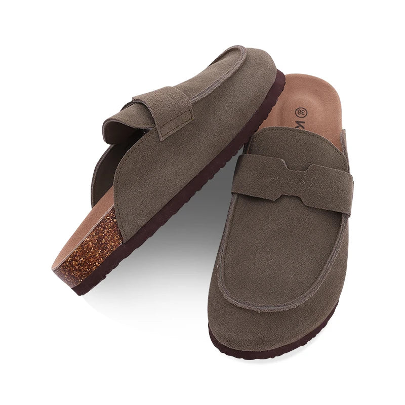 Comwarm Fashion Clogs Slippers Women Cow Suede Cork Slippers Classic Cork House Slippers With Arch Support Outdoor Beach Shoes