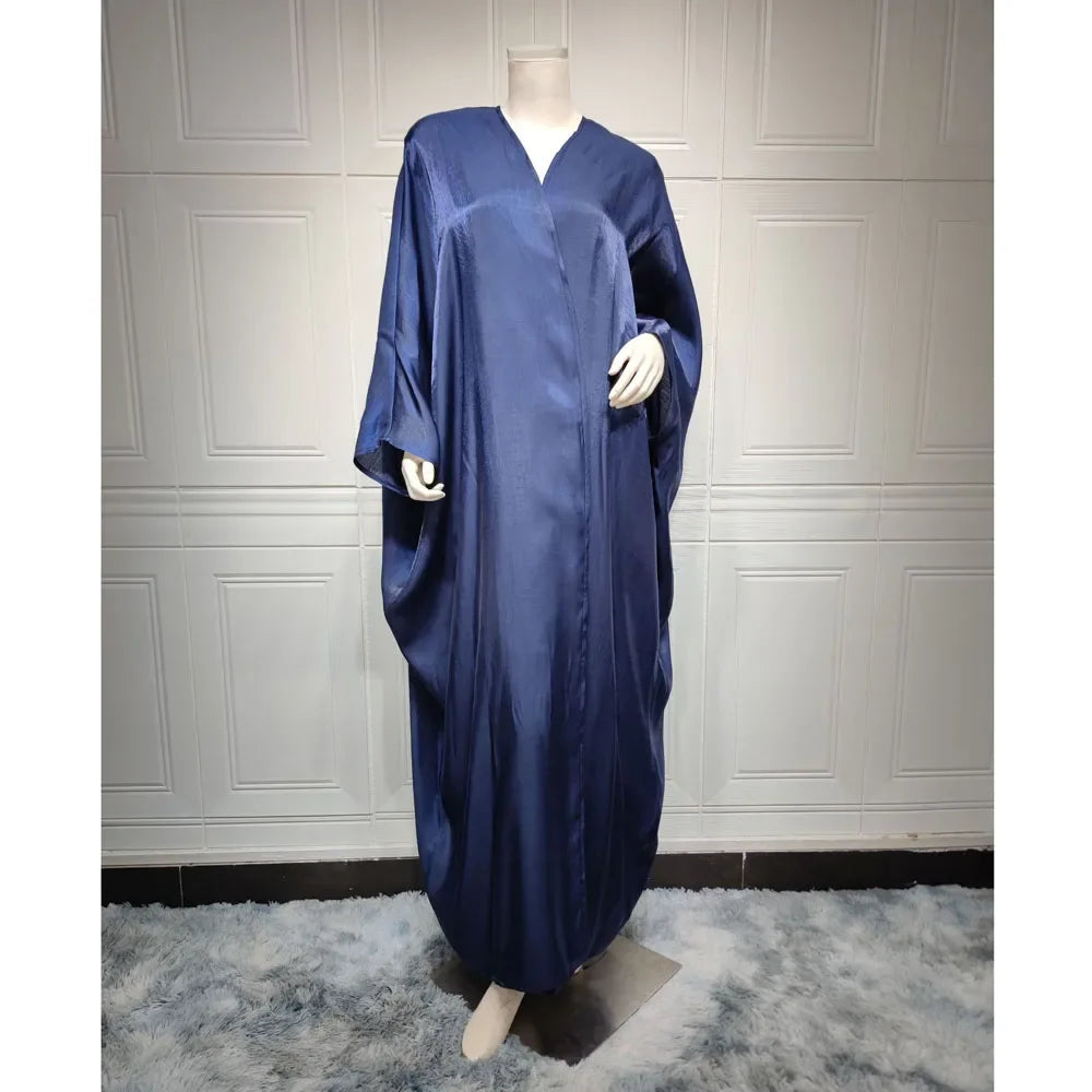 Open Abaya Silk Satin Muslim Women Bat Sleeve Maxi Dress Cardigan Kimono Turkey Dubai Kaftan Arab Robe Islam Morocco Abayas Gown