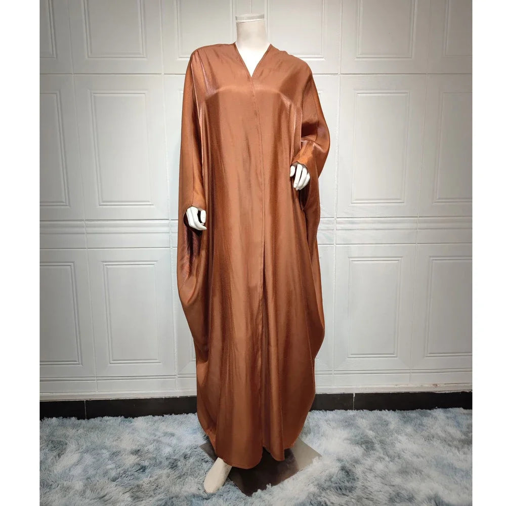 Open Abaya Silk Satin Muslim Women Bat Sleeve Maxi Dress Cardigan Kimono Turkey Dubai Kaftan Arab Robe Islam Morocco Abayas Gown