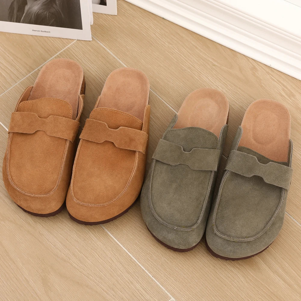 Comwarm Fashion Clogs Slippers Women Cow Suede Cork Slippers Classic Cork House Slippers With Arch Support Outdoor Beach Shoes