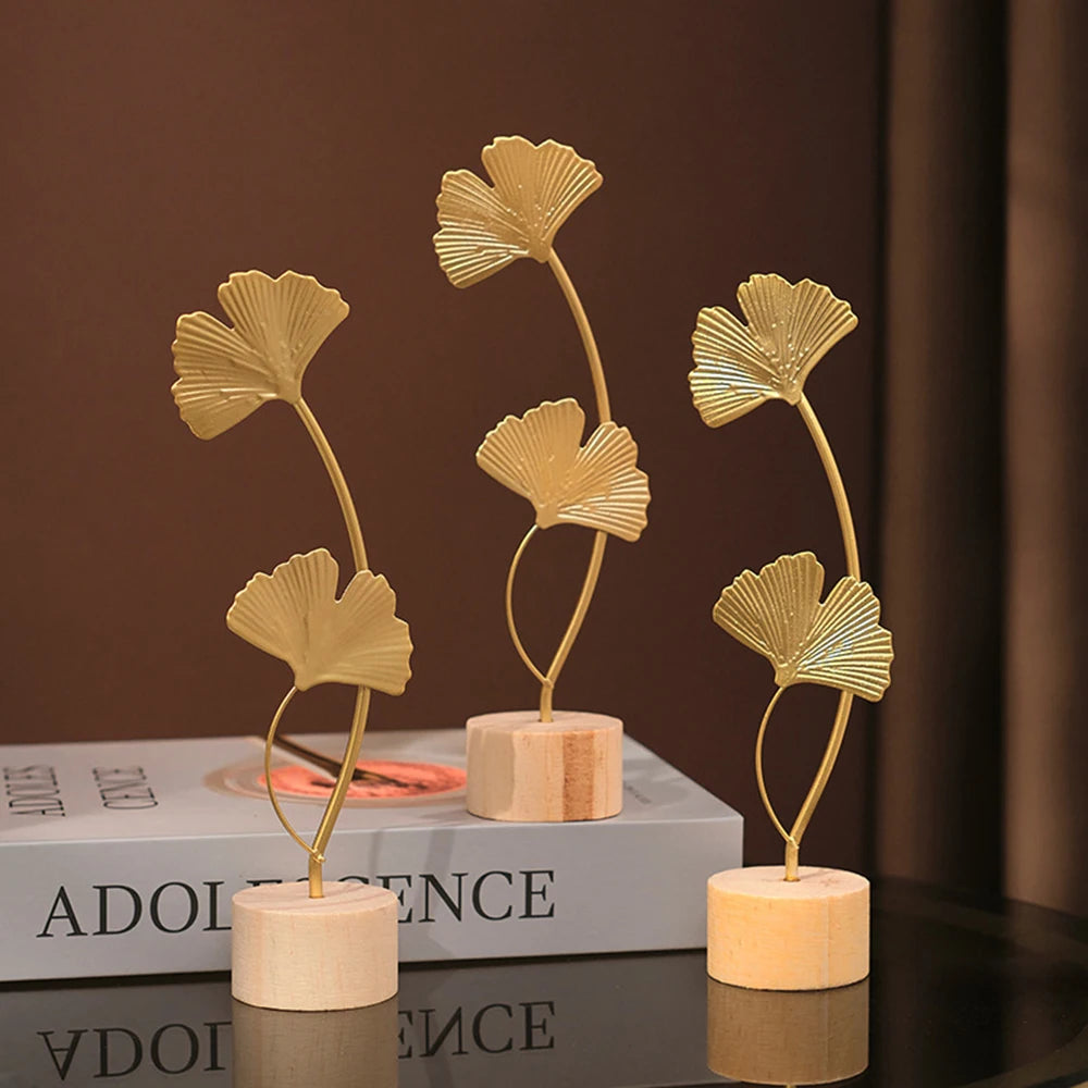 Golden Ginkgo Leaf Miniature Figurines Wooden Statue For Living Room Table Office Home Decoration Accessories Nordic Ornament