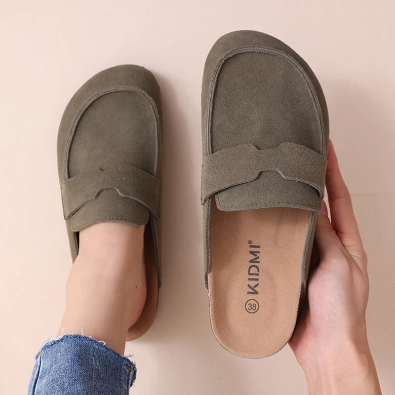 Comwarm Fashion Clogs Slippers Women Cow Suede Cork Slippers Classic Cork House Slippers With Arch Support Outdoor Beach Shoes