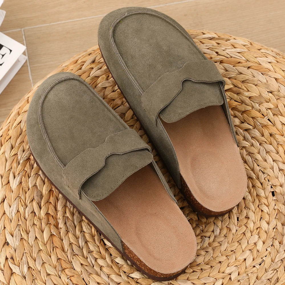 Comwarm Fashion Clogs Slippers Women Cow Suede Cork Slippers Classic Cork House Slippers With Arch Support Outdoor Beach Shoes