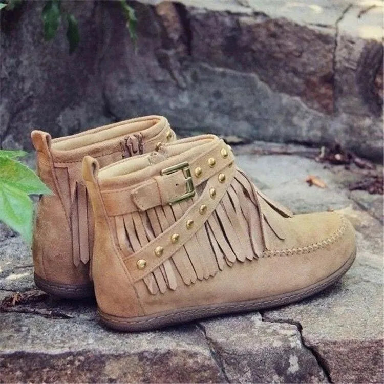 Vintage Women Boots Suede Ankle Boots Fringe Women Shoes Winter Boots Women Side Zipper Casual Shoes Round Toe Ladies Snow Boot