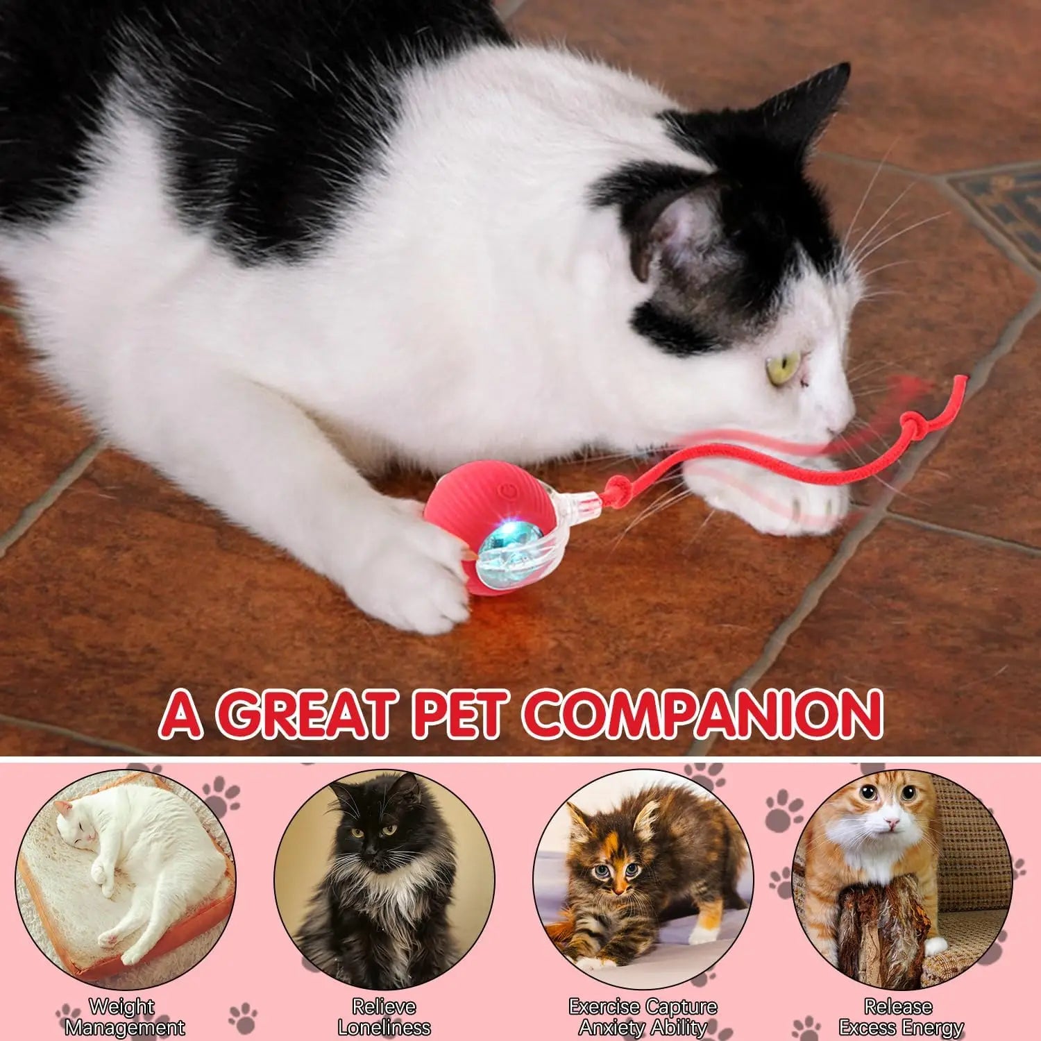 Cat Interactive Ball Toy Automatic Electric Rolling Ball Faux Tail Rechargeable Smart Pet Teaser Toy Cat Training Imitate Mouse