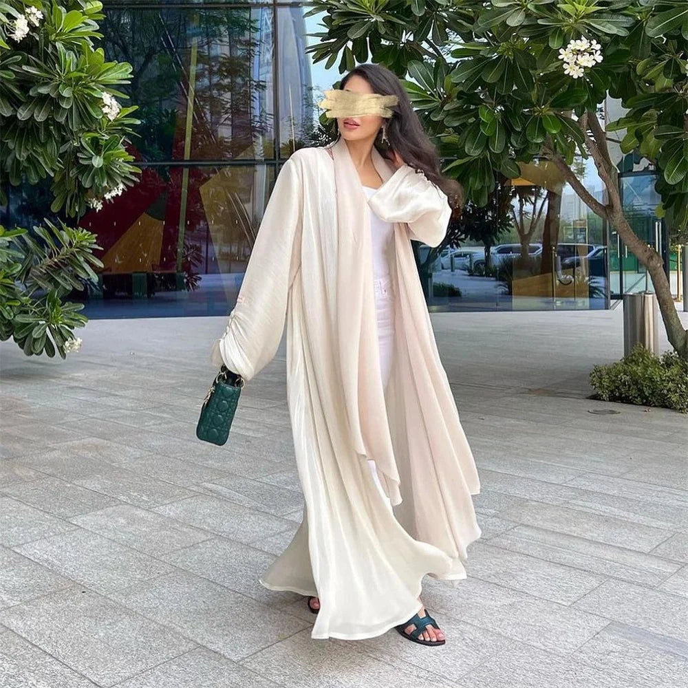 Siskakia Muslim Fashion Dubai Women Shiny Satin Open Kimono Abaya Saudi Moroccan Kaftan Elegant Party Clothing Turkish Arab Robe