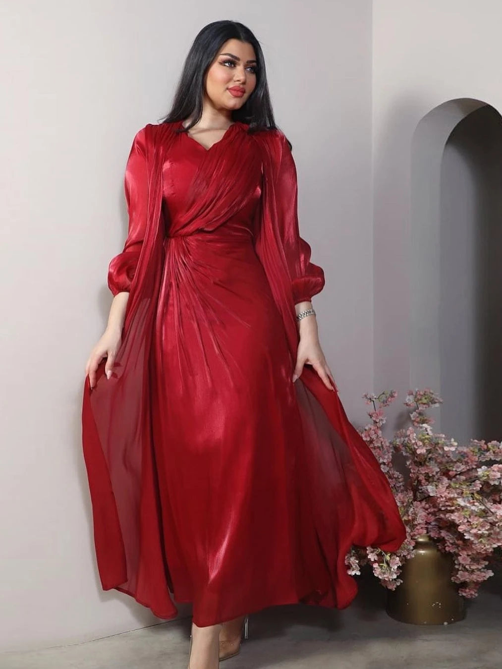 Morocco Party Dress Women Abaya 2 Piece Set Silky Satin Dubai Muslim Dresses Eid Caftan Evening Long Robe Vestidos Abayas Robe