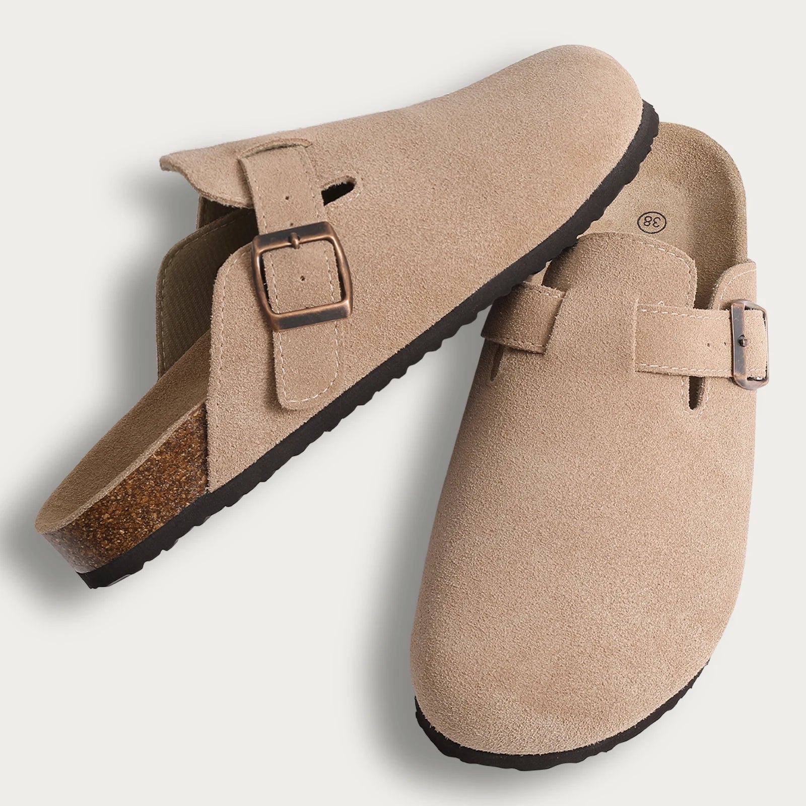 Comwarm Fashion Clogs Slippers Women Cow Suede Cork Slippers Classic Cork House Slippers With Arch Support Outdoor Beach Shoes