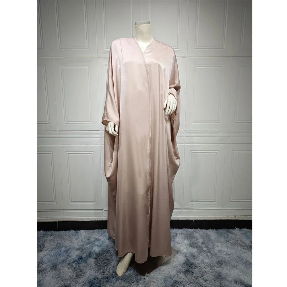 Open Abaya Silk Satin Muslim Women Bat Sleeve Maxi Dress Cardigan Kimono Turkey Dubai Kaftan Arab Robe Islam Morocco Abayas Gown