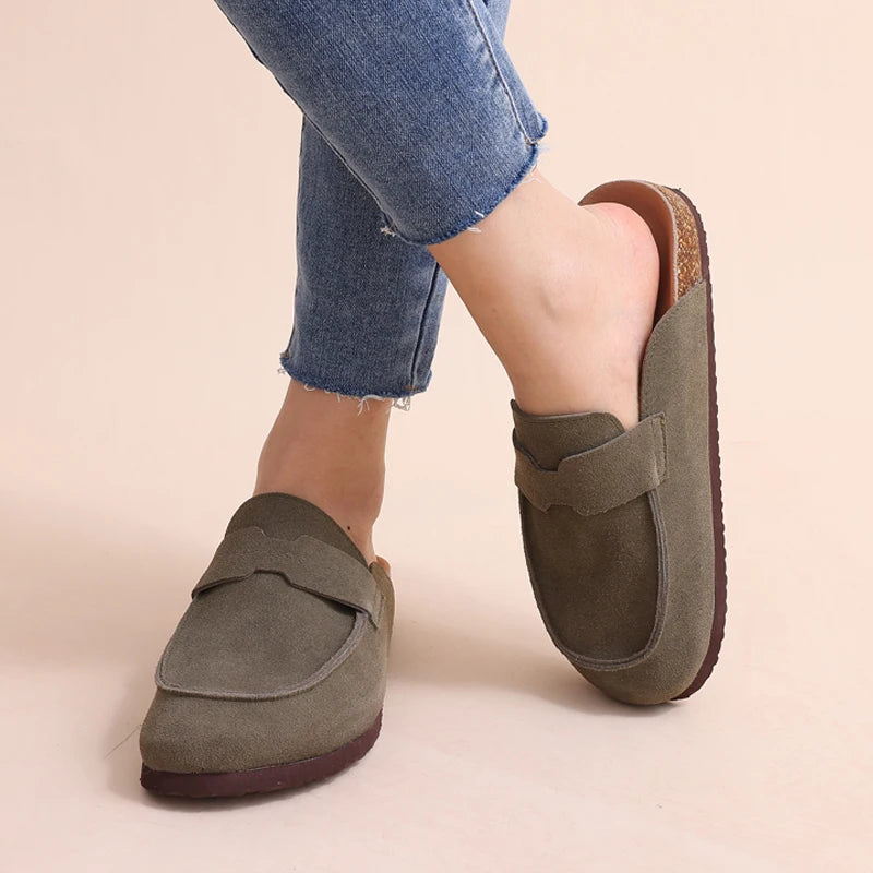 Comwarm Fashion Clogs Slippers Women Cow Suede Cork Slippers Classic Cork House Slippers With Arch Support Outdoor Beach Shoes