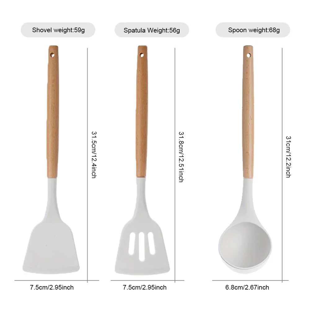 12Pcs Kitchen Utensil Set Heat-Resistant Cookware Wooden Handle Non-Stick Spatula Set Spatula Spoon Brush Whisk for Kitchen