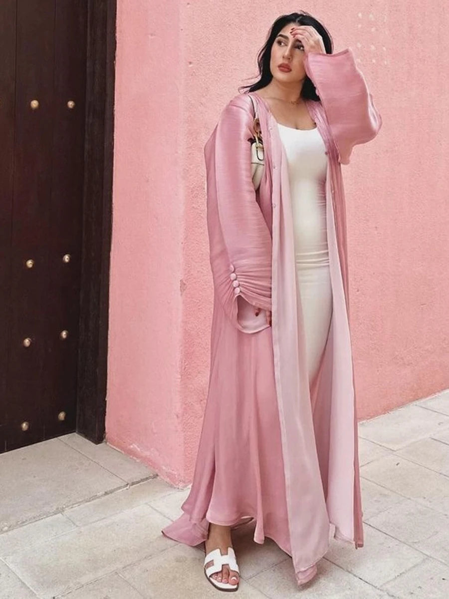 Siskakia Muslim Fashion Dubai Women Shiny Satin Open Kimono Abaya Saudi Moroccan Kaftan Elegant Party Clothing Turkish Arab Robe