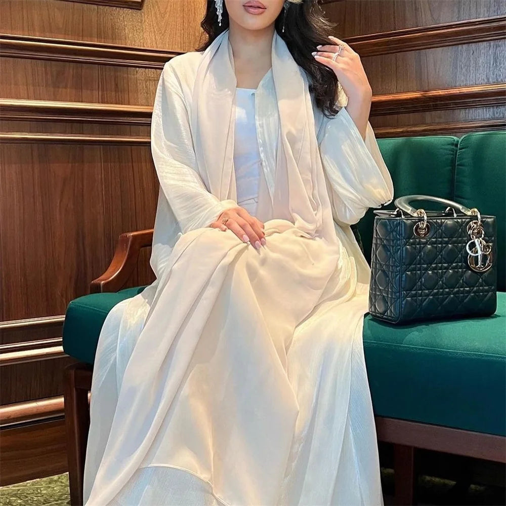 Siskakia Muslim Fashion Dubai Women Shiny Satin Open Kimono Abaya Saudi Moroccan Kaftan Elegant Party Clothing Turkish Arab Robe